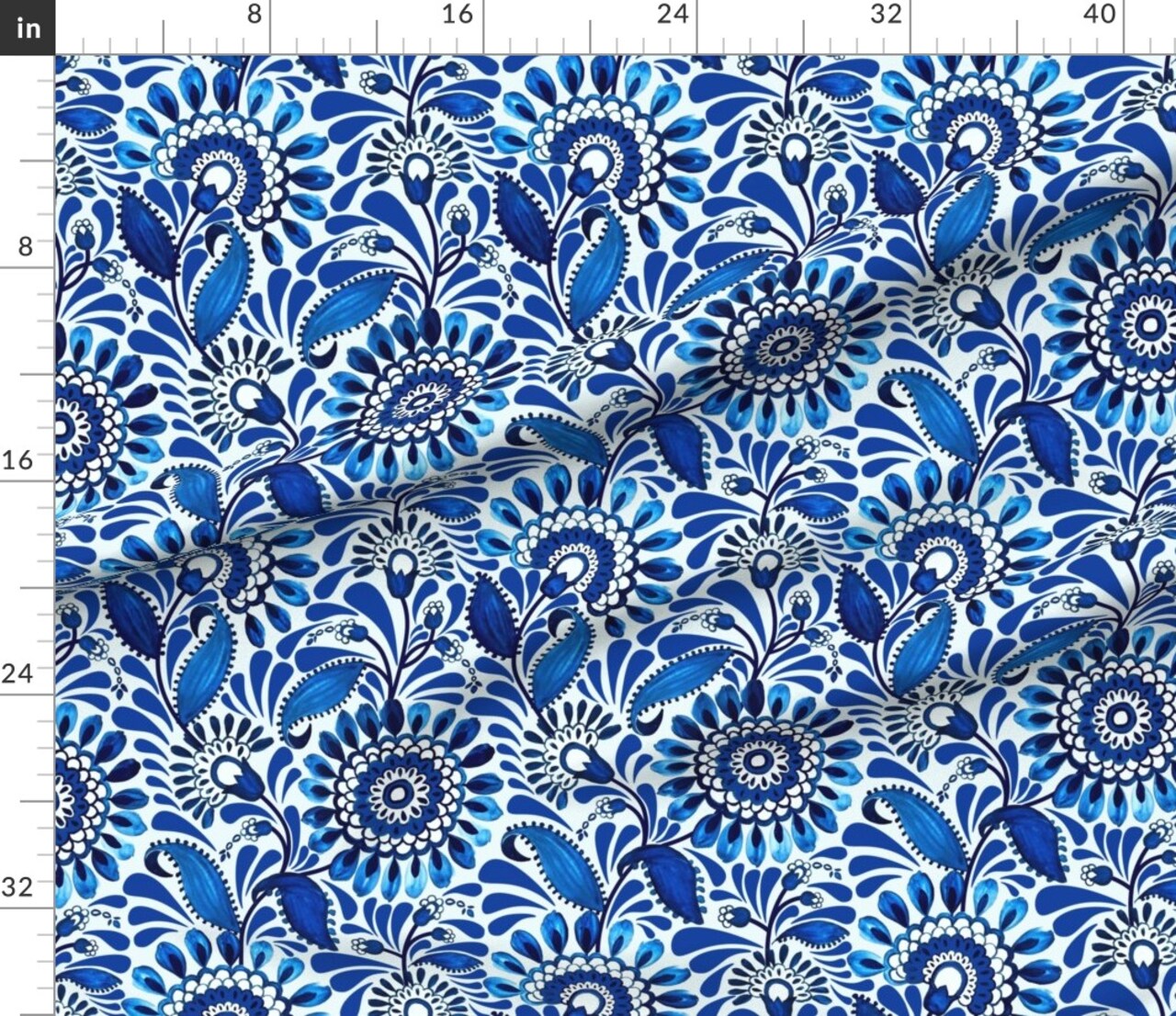 Blue And White Fantasy Floral Maximalist Large Scale Indigo Custom Printed Fabric by Spoonflower Various Fabrics by the Yard or Fat Quarter